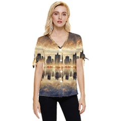 Manhattan Skyline Sunset Nyc Bow Sleeve Button Up Top by Wegoenart