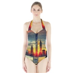 New York City Sunset Dusk Twilight Halter Swimsuit by Wegoenart