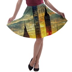 New York City Sunset Dusk Twilight A-line Skater Skirt by Wegoenart