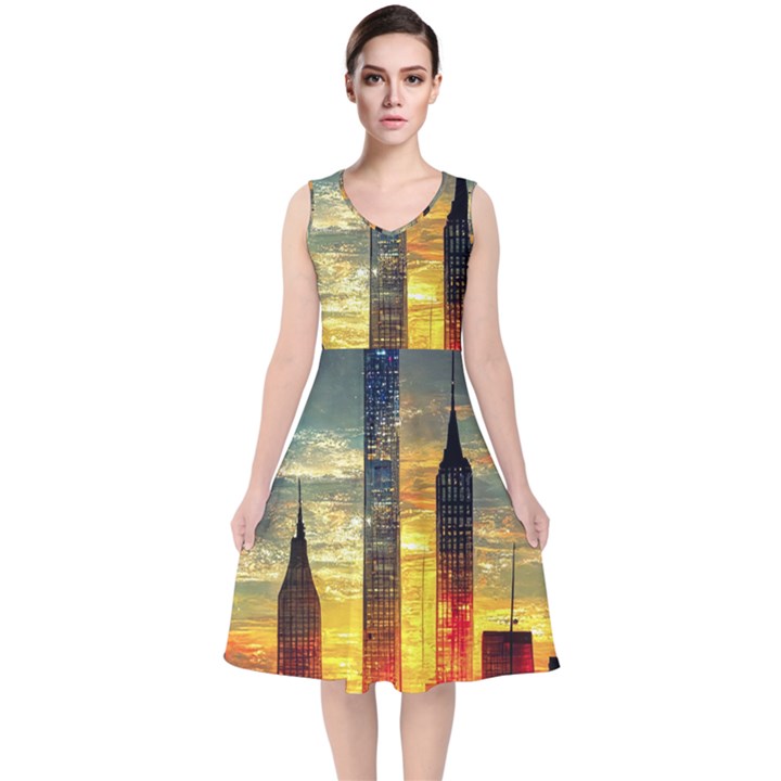 New York City Sunset Dusk Twilight V-Neck Midi Sleeveless Dress 