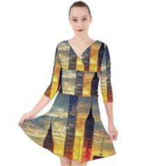 New York City Sunset Dusk Twilight Quarter Sleeve Front Wrap Dress by Wegoenart