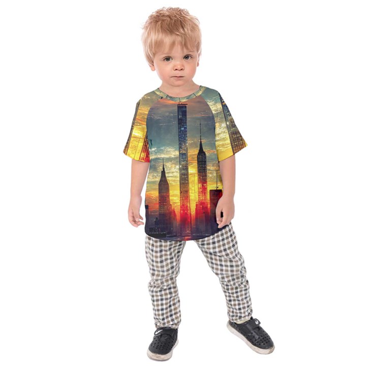 New York City Sunset Dusk Twilight Kids  Raglan Tee