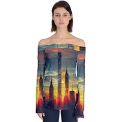 New York City Sunset Dusk Twilight Off Shoulder Long Sleeve Top by Wegoenart