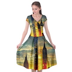 New York City Sunset Dusk Twilight Cap Sleeve Wrap Front Dress by Wegoenart