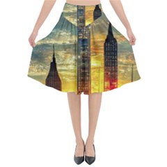 New York City Sunset Dusk Twilight Flared Midi Skirt by Wegoenart