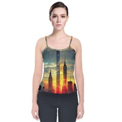 New York City Sunset Dusk Twilight Velvet Spaghetti Strap Top by Wegoenart