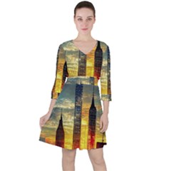 New York City Sunset Dusk Twilight Quarter Sleeve Ruffle Waist Dress by Wegoenart