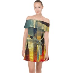 New York City Sunset Dusk Twilight Off Shoulder Chiffon Dress by Wegoenart