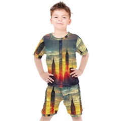 New York City Sunset Dusk Twilight Kids  Tee And Shorts Set by Wegoenart