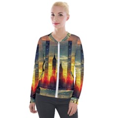 New York City Sunset Dusk Twilight Velvet Zip Up Jacket by Wegoenart