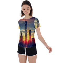 New York City Sunset Dusk Twilight Back Circle Cutout Sports Tee by Wegoenart