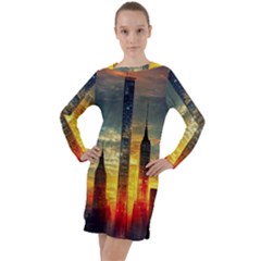 New York City Sunset Dusk Twilight Long Sleeve Hoodie Dress by Wegoenart