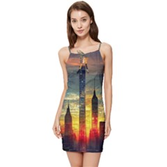 New York City Sunset Dusk Twilight Summer Tie Front Dress