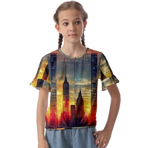 New York City Sunset Dusk Twilight Kids  Cuff Sleeve Scrunch Bottom Tee by Wegoenart