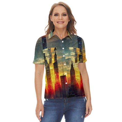 New York City Sunset Dusk Twilight Women s Short Sleeve Double Pocket Shirt by Wegoenart