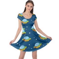 Seamless Pattern Ufo With Star Space Galaxy Background Cap Sleeve Dress by Wegoenart