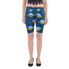 Seamless Pattern Ufo With Star Space Galaxy Background Yoga Cropped Leggings by Wegoenart