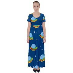 Seamless Pattern Ufo With Star Space Galaxy Background High Waist Short Sleeve Maxi Dress by Wegoenart