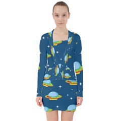 Seamless Pattern Ufo With Star Space Galaxy Background V-neck Bodycon Long Sleeve Dress by Wegoenart