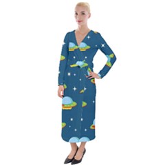 Seamless Pattern Ufo With Star Space Galaxy Background Velvet Maxi Wrap Dress by Wegoenart