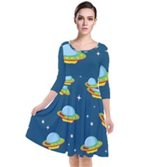 Seamless Pattern Ufo With Star Space Galaxy Background Quarter Sleeve Waist Band Dress by Wegoenart