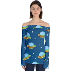 Seamless Pattern Ufo With Star Space Galaxy Background Off Shoulder Long Sleeve Top by Wegoenart