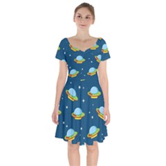 Seamless Pattern Ufo With Star Space Galaxy Background Short Sleeve Bardot Dress by Wegoenart