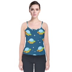 Seamless Pattern Ufo With Star Space Galaxy Background Velvet Spaghetti Strap Top by Wegoenart