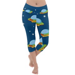 Seamless Pattern Ufo With Star Space Galaxy Background Lightweight Velour Capri Yoga Leggings by Wegoenart