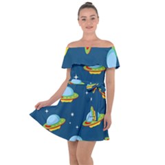 Seamless Pattern Ufo With Star Space Galaxy Background Off Shoulder Velour Dress by Wegoenart