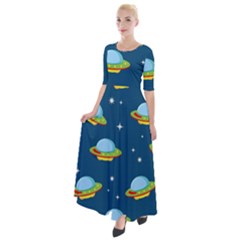 Seamless Pattern Ufo With Star Space Galaxy Background Half Sleeves Maxi Dress by Wegoenart