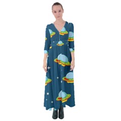 Seamless Pattern Ufo With Star Space Galaxy Background Button Up Maxi Dress by Wegoenart