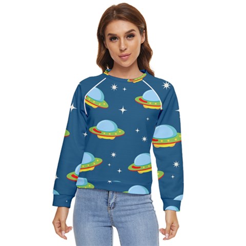 Seamless Pattern Ufo With Star Space Galaxy Background Women s Long Sleeve Raglan Tee by Wegoenart