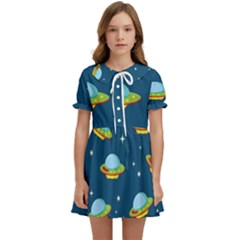 Seamless Pattern Ufo With Star Space Galaxy Background Kids  Sweet Collar Dress by Wegoenart