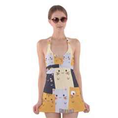 Seamless Pattern Cute Cat Cartoons Halter Dress Swimsuit  by Wegoenart