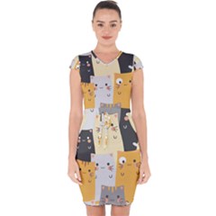 Seamless Pattern Cute Cat Cartoons Capsleeve Drawstring Dress  by Wegoenart