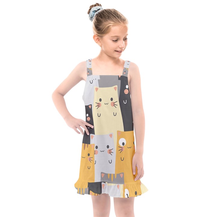 Seamless Pattern Cute Cat Cartoons Kids  Overall Dress