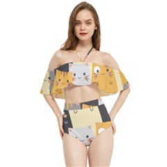 Seamless Pattern Cute Cat Cartoons Halter Flowy Bikini Set  by Wegoenart