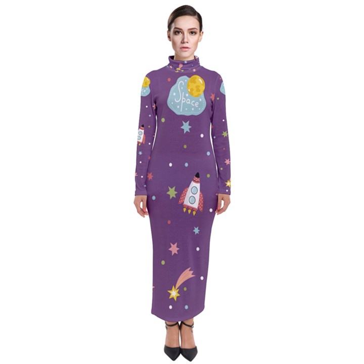 Space Travels Seamless Pattern Vector Cartoon Turtleneck Maxi Dress