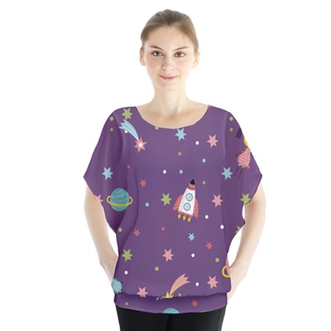 Space Travels Seamless Pattern Vector Cartoon Batwing Chiffon Blouse by Wegoenart