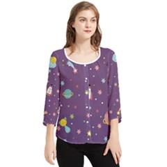 Space Travels Seamless Pattern Vector Cartoon Chiffon Quarter Sleeve Blouse by Wegoenart