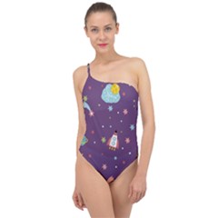 Space Travels Seamless Pattern Vector Cartoon Classic One Shoulder Swimsuit by Wegoenart