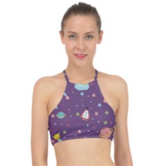 Space Travels Seamless Pattern Vector Cartoon Racer Front Bikini Top by Wegoenart