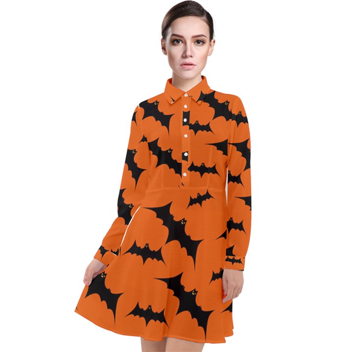 Halloween Card With Bats Flying Pattern Long Sleeve Chiffon Shirt Dress