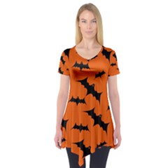 Halloween Card With Bats Flying Pattern Short Sleeve Tunic  by Wegoenart