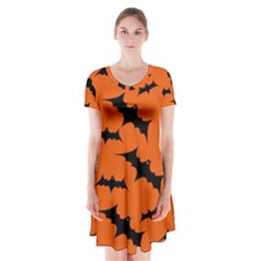 Halloween Card With Bats Flying Pattern Short Sleeve V-neck Flare Dress by Wegoenart