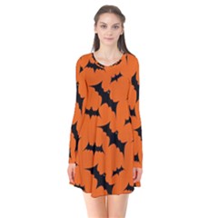 Halloween Card With Bats Flying Pattern Long Sleeve V-neck Flare Dress by Wegoenart