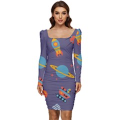 Space Seamless Pattern Women Long Sleeve Ruched Stretch Jersey Dress by Wegoenart