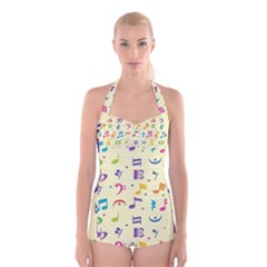 Seamless Pattern Musical Note Doodle Symbol Boyleg Halter Swimsuit  by Wegoenart