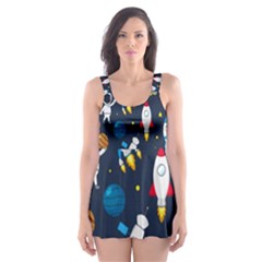 Big Set Cute Astronaut Space Planet Star Alien Rockets Ufo Constellation Satellite Moon Skater Dress Swimsuit by Wegoenart